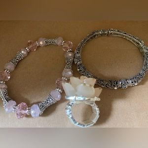 Costume silver filagree stretch bracelets and ring.